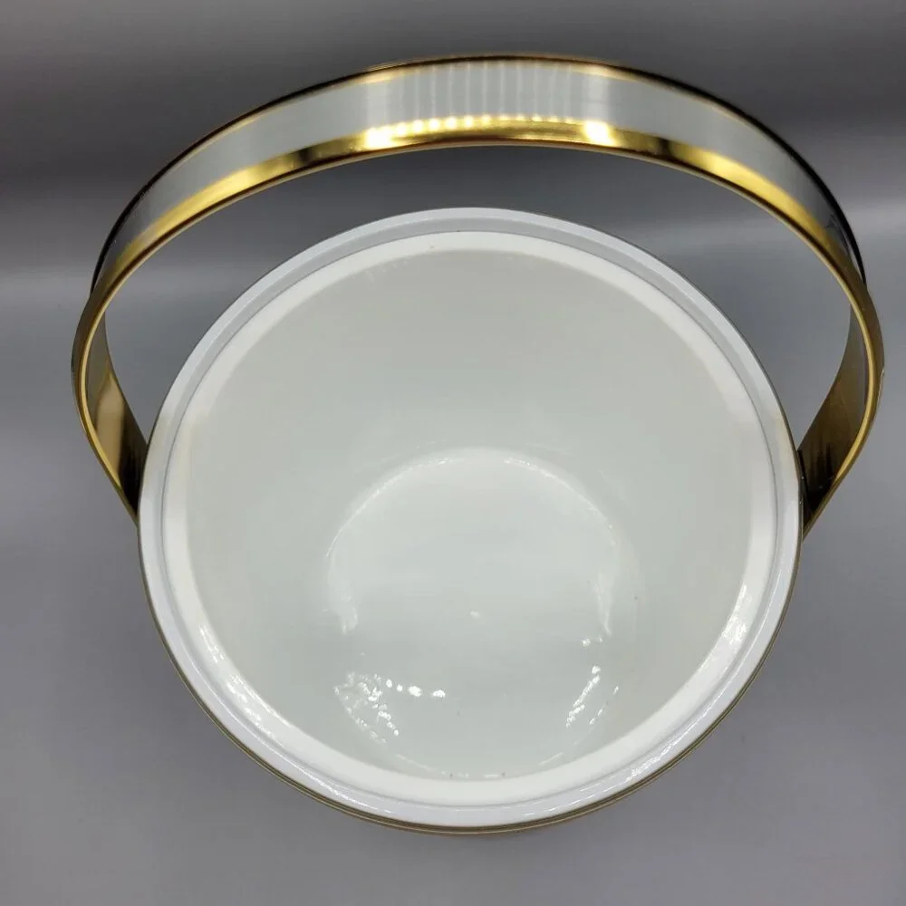 Vintage Mid Century Modern MCM Silver Gold Ice Bucket Clear Lid & Metal Handle